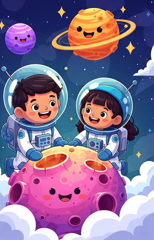 Niños astronautas jugando en el espacio
